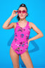 Girls U Back One Piece Swimsuit in Pink Neon Butterflies