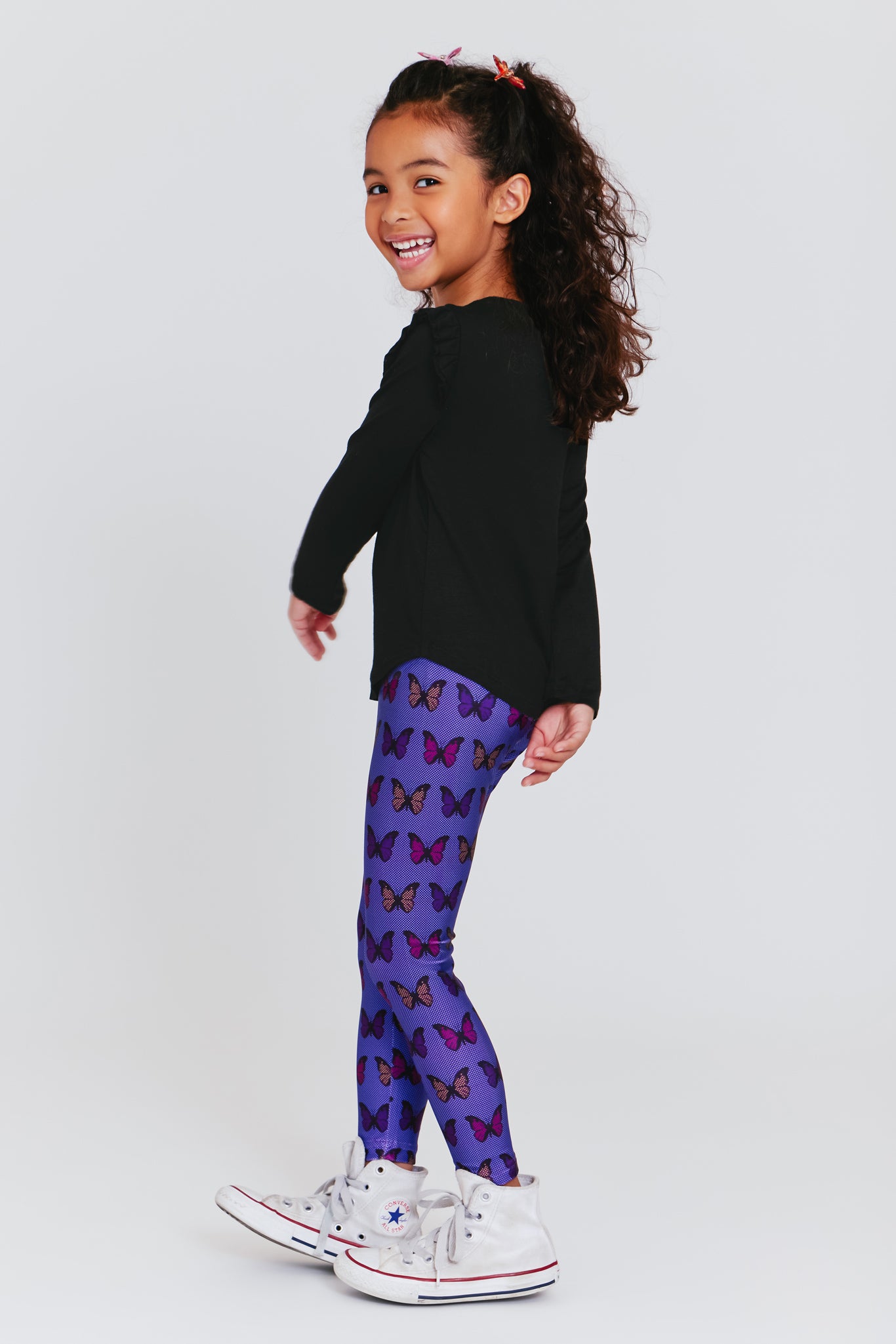 Printed Jersey Leggings - Dark gray/butterflies - Kids