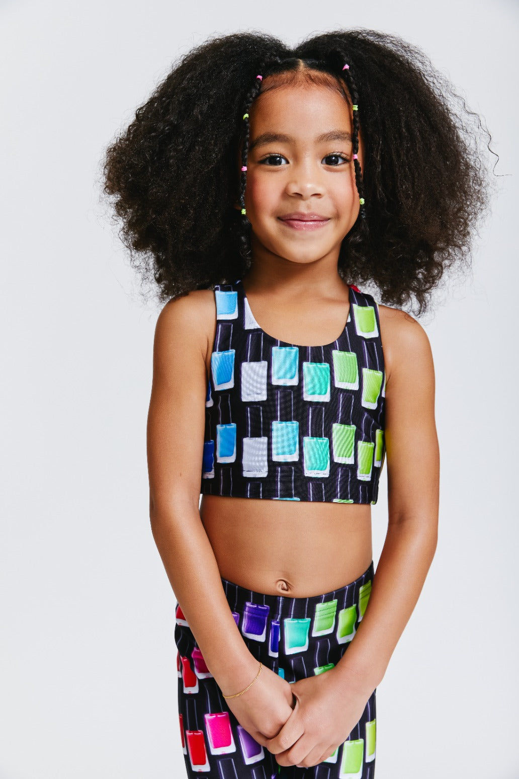 Kids Sports Bra in Black Rainbow Nail Polish –