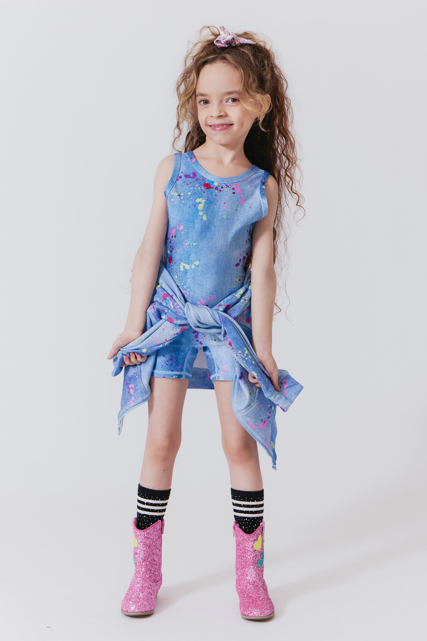 strapless open back dress Girls Leotard in Denim Paint Splatter Denim Paint Splatter / 2T