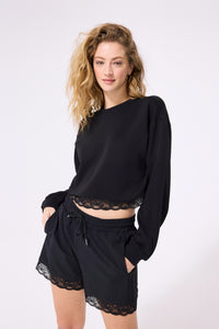 Lace Trim Crew in Black