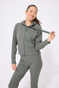 Rib Crop Hoodie in Moss