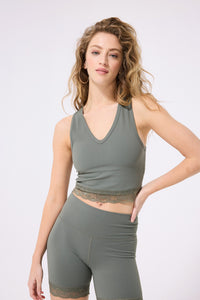 TLC Lace Trim Crop Top in Moss