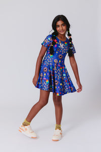Yankees Girls Short Sleeve Skater Dress in Blue Candy Spill