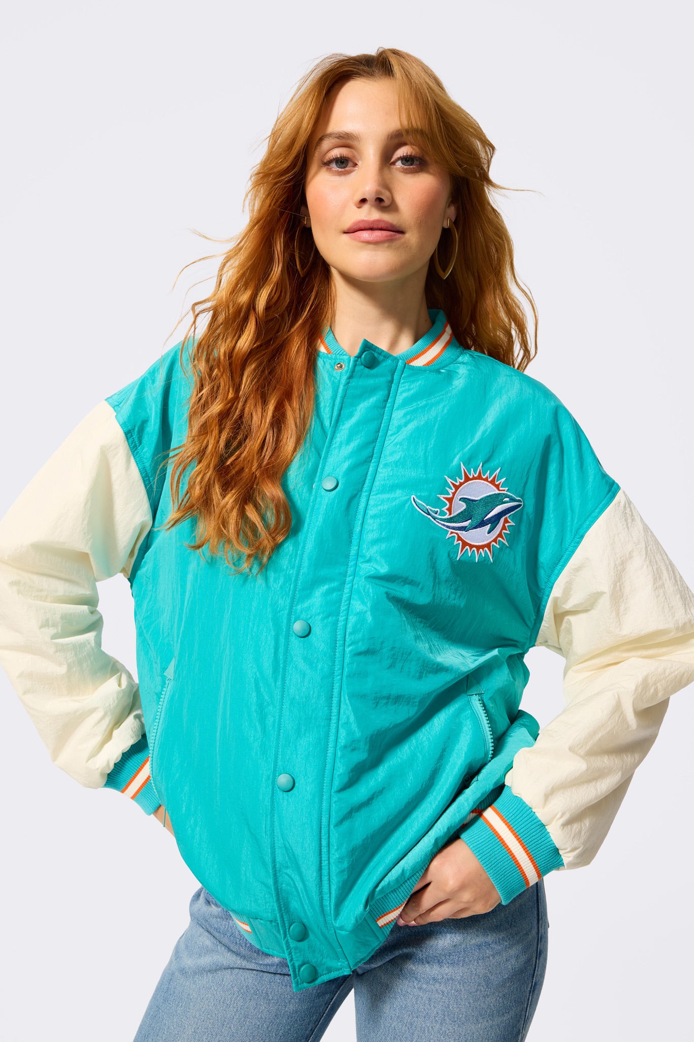 Dolphins Bomber Jacket in Aqua and Sugar Swizzle – Terez.com