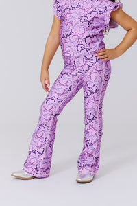 Girls Hi-Shine Flare Legging in Purple Bows