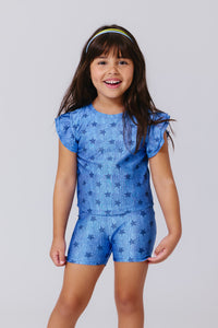 Girls Hi-Shine Ruffle Crop Top in Star Denim