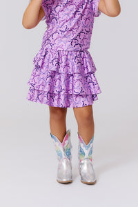Girls Hi-shine Tiered Skirt in Purple Bows