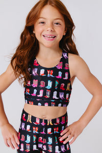 Girls Hi-Shine Sports Bra in Cowgirl Boots on Black