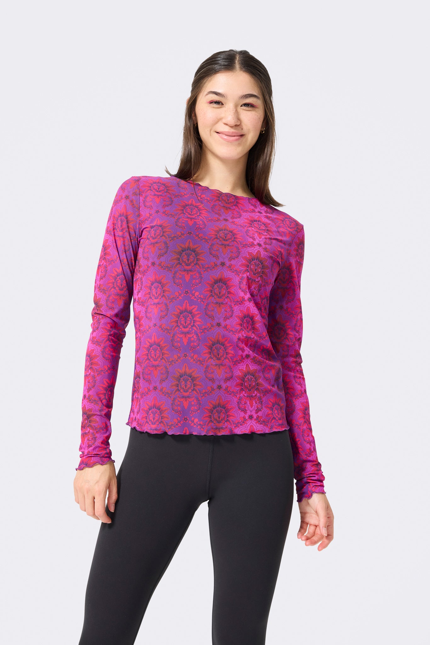 Davi & Dani Glitter Mesh Lettuce Hem Long Sleeve Top