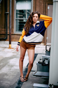 NY Knicks Colorblock Quarter Zip Sweatshirt in Blue, Orange and Cream