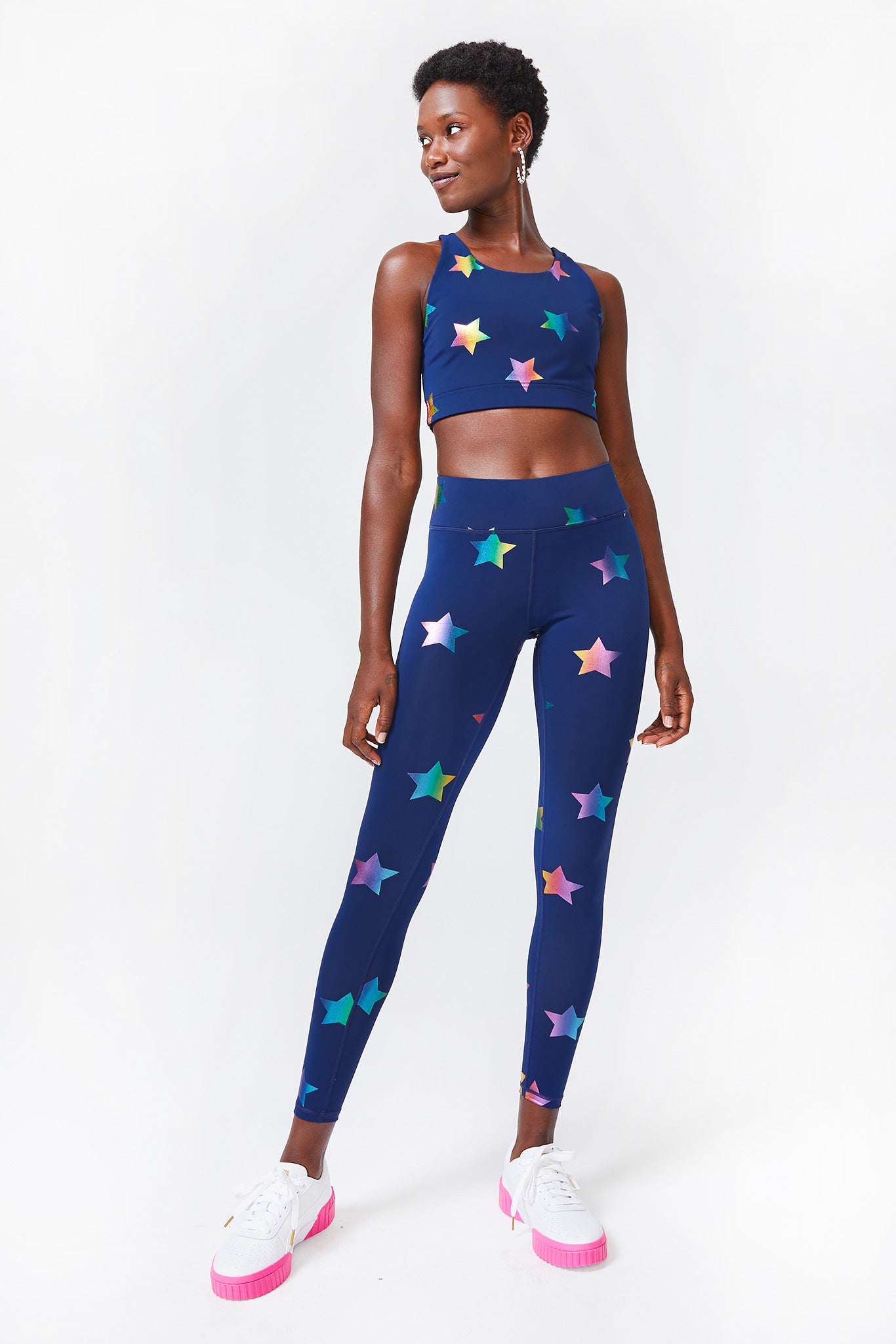 UpLift Leggings in Navy Rainbow Star Foil with Tall Band