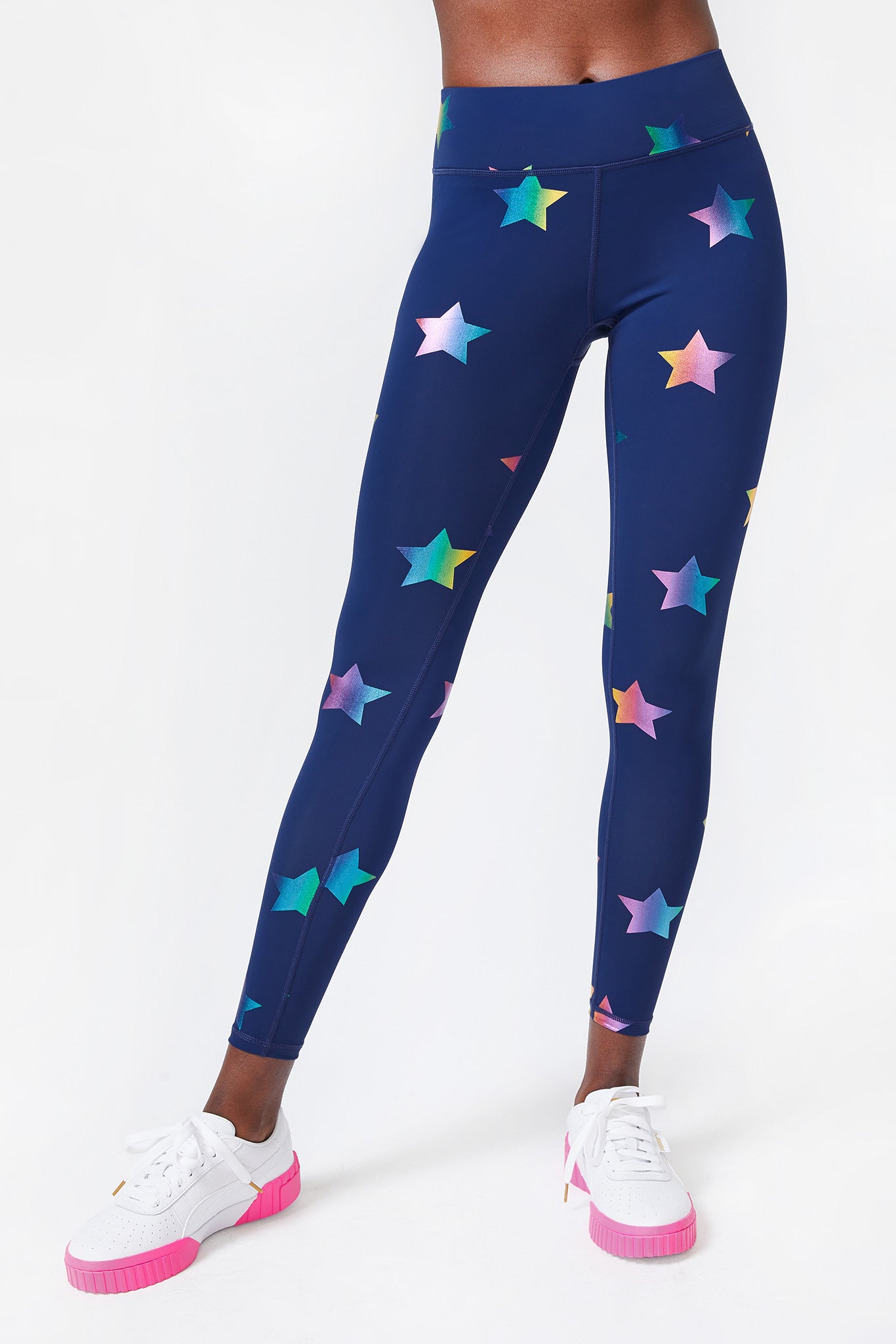 UpLift Leggings in Navy Rainbow Star Foil with Tall Band –
