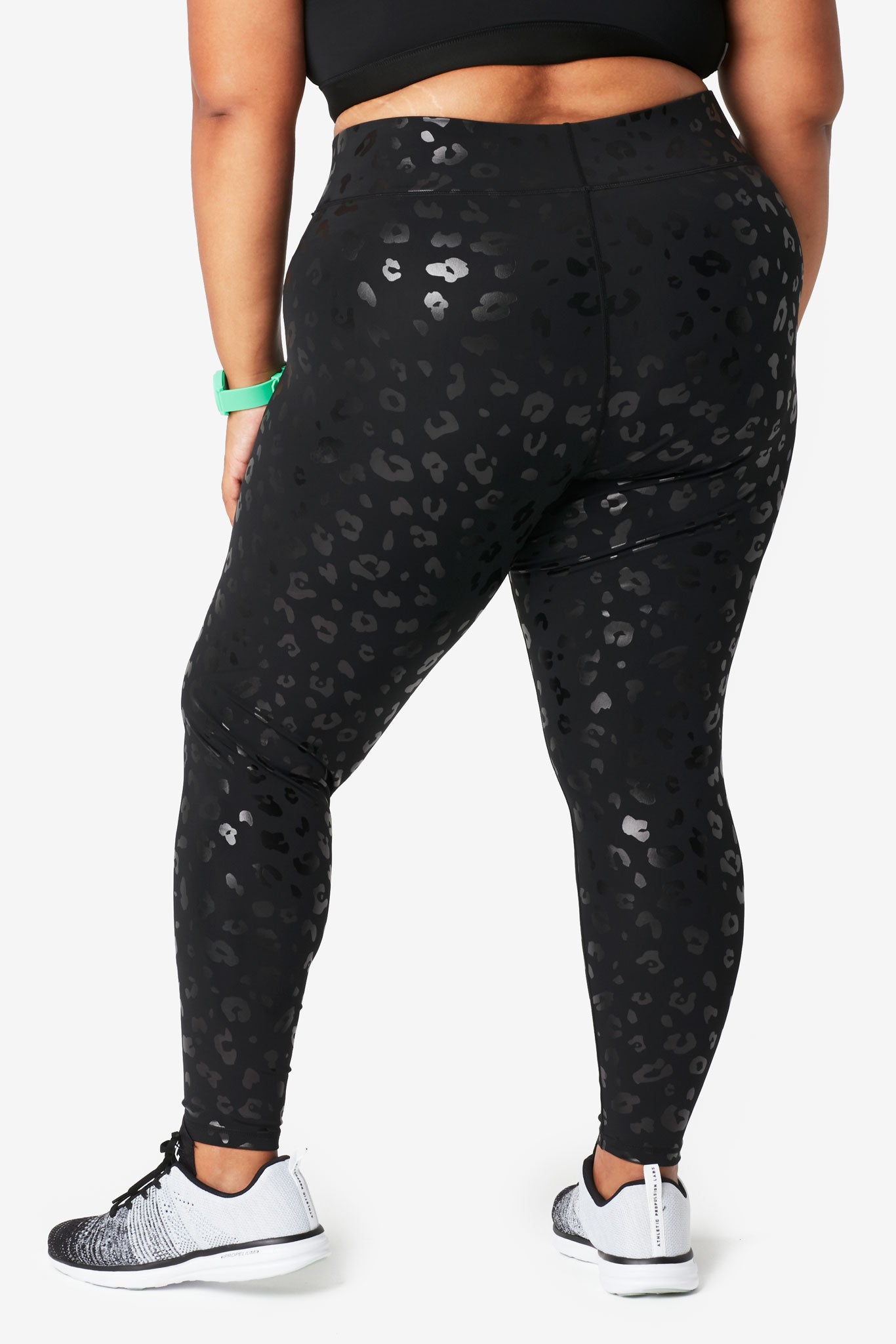 Embossed Design High Rise Leggings In P687 Shiny Black Night Leopard