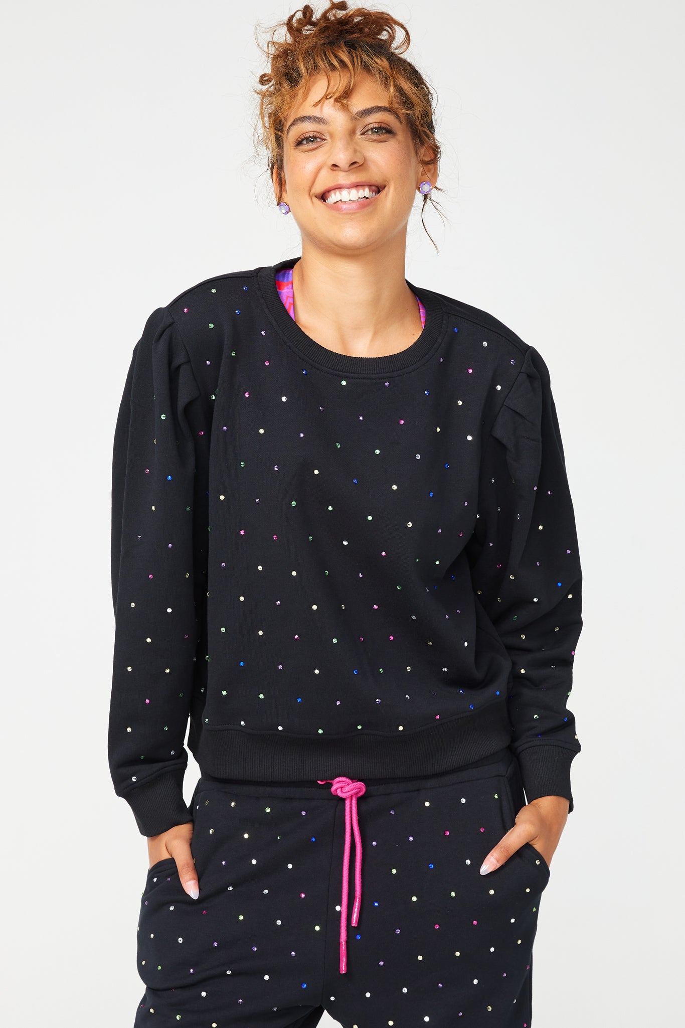 Black Gems Pleated-Sleeve Crewneck Sweatshirt