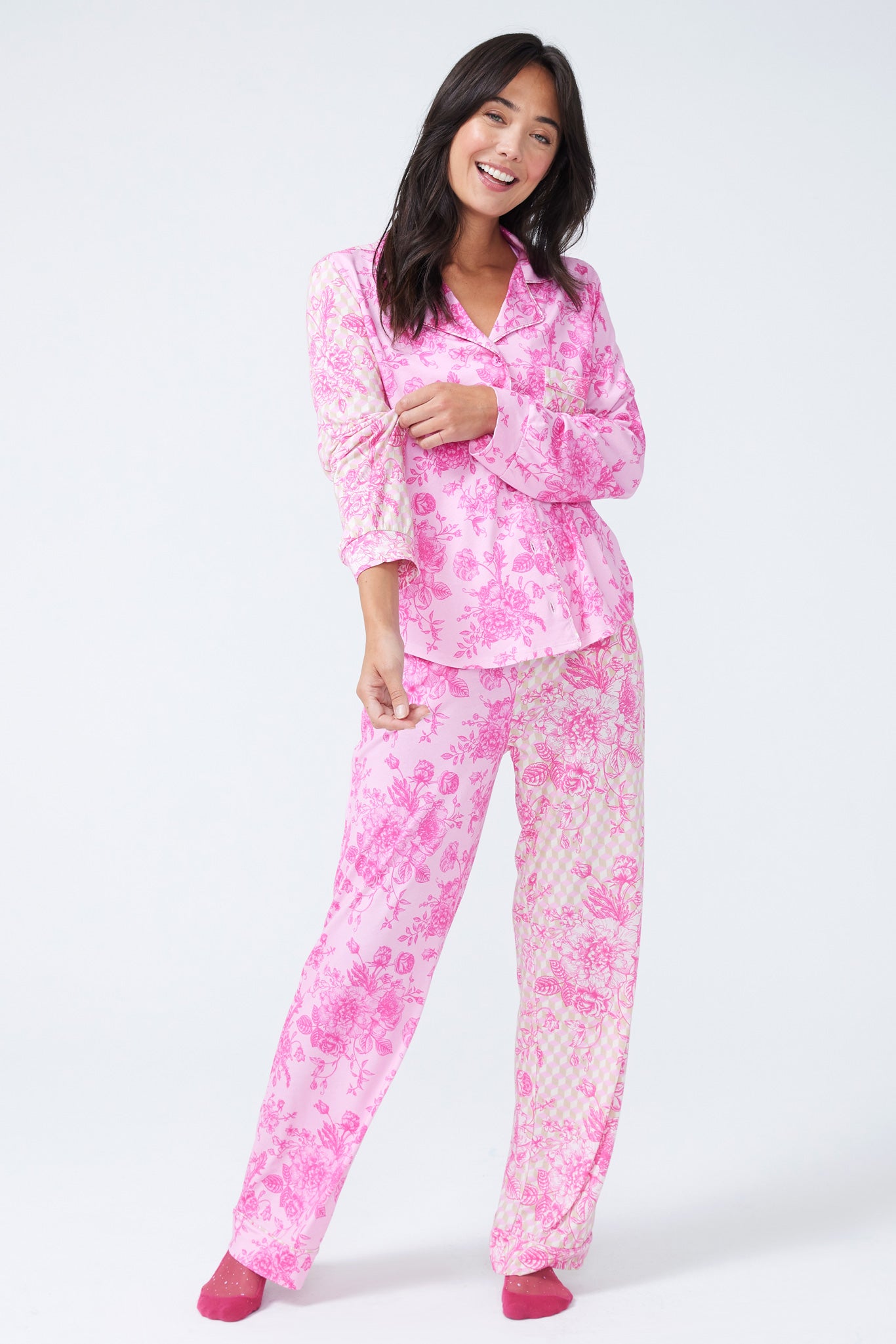 Pajama Set in Pink Porcelain and Oat Milk and Pink Geo