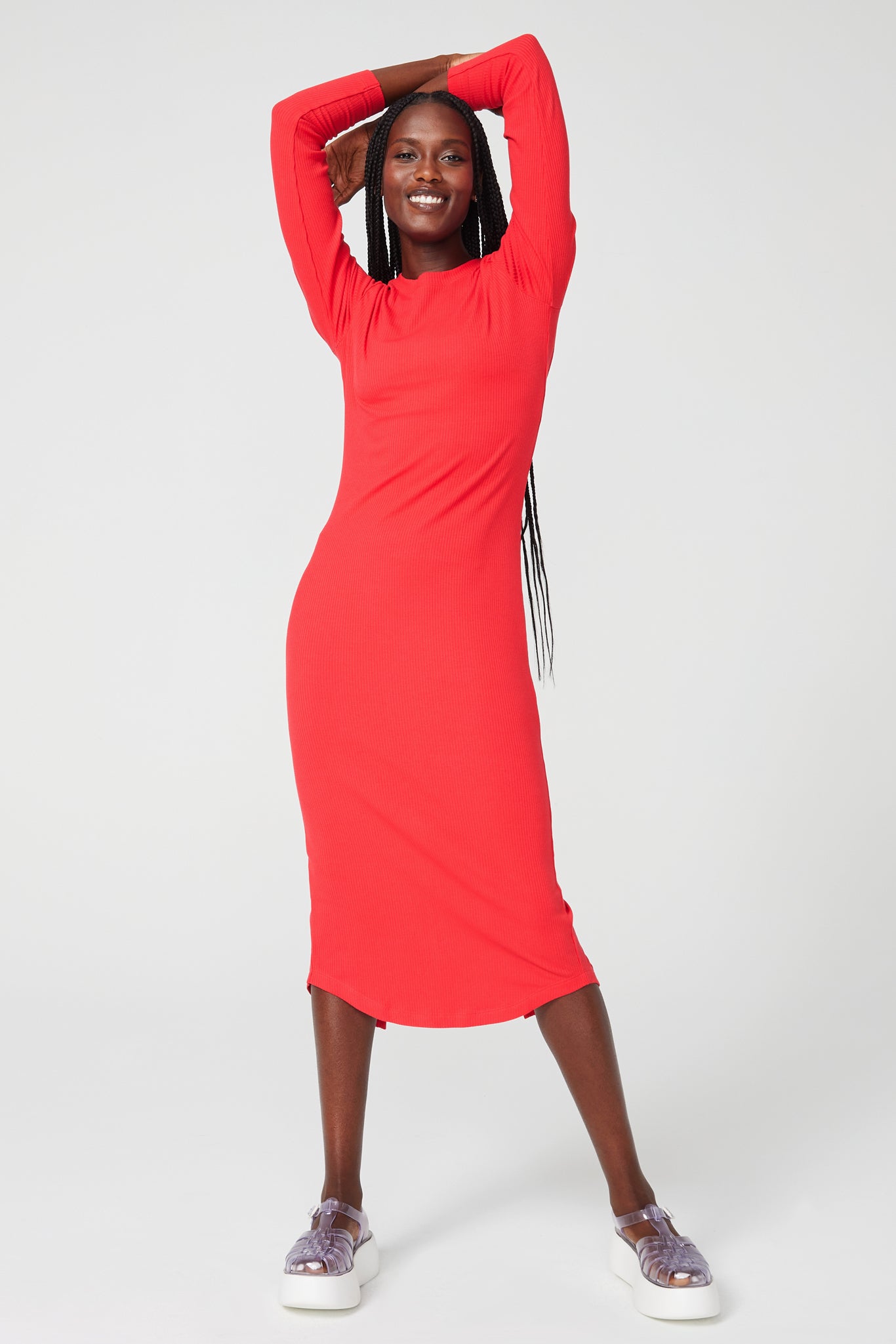 Long Sleeve Rib Dress in Hot Red