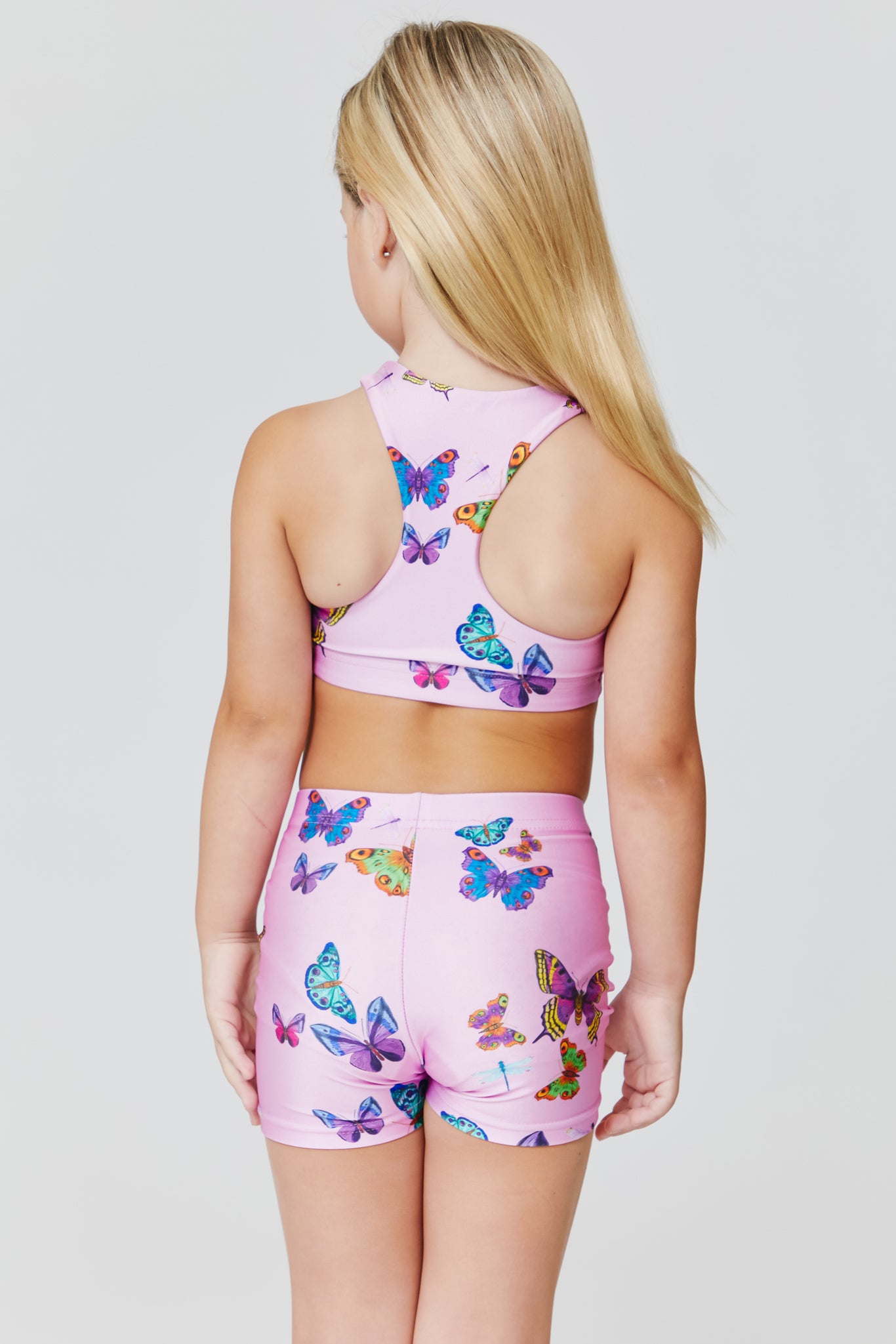 Girls Booty Shorts in Pink Neon Butterflies –