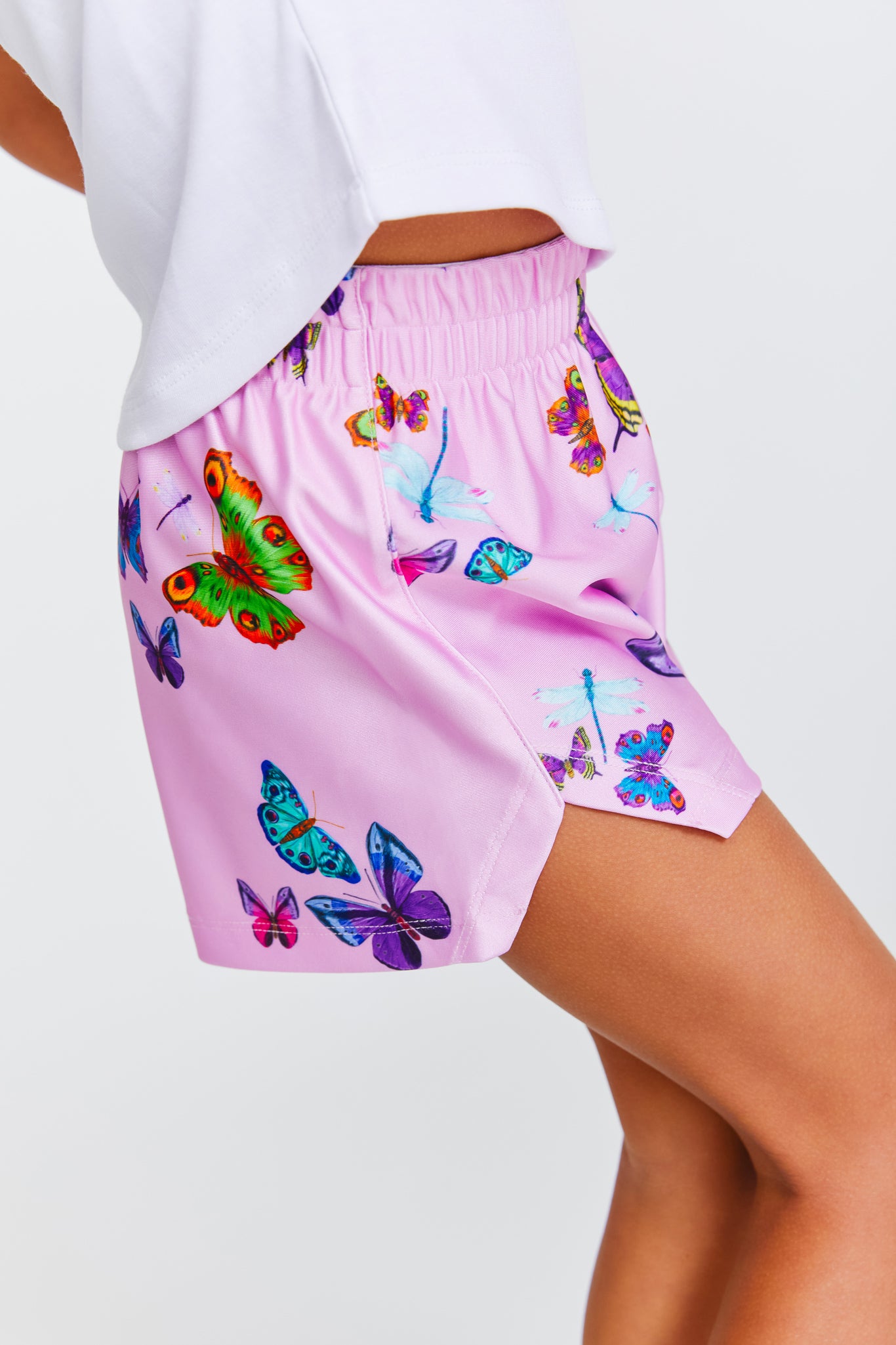 Kids Gym Shorts in Pink Neon Butterflies –