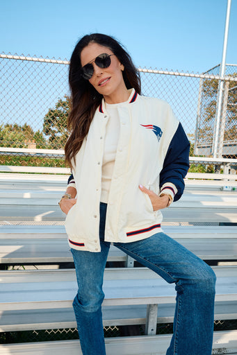 New England Patriots Bomber Jacket in Sugar Swizzle and Navy