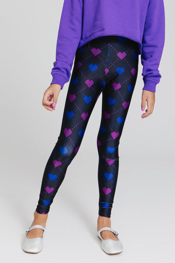 Girls Hi-Shine Leggings in Fair Isle Black Hearts