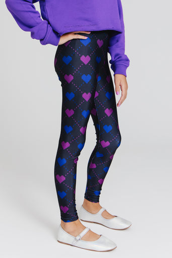Girls Hi-Shine Leggings in Fair Isle Black Hearts