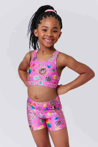 Girls Hi-Shine Sports Bra in Pink Candy Spill