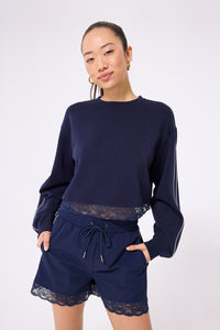Lace Trim Crew in Navy
