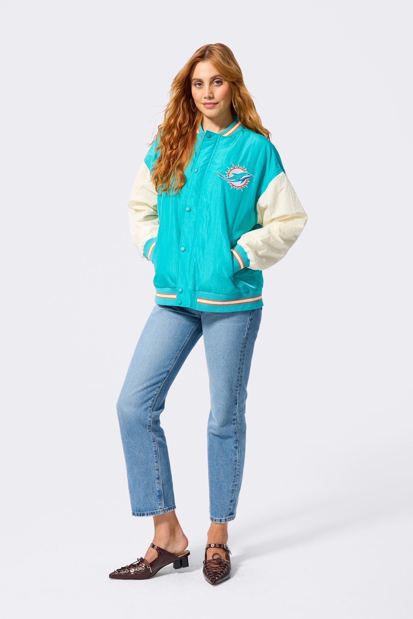 Dolphins Bomber Jacket in Aqua and Sugar Swizzle – Terez.com