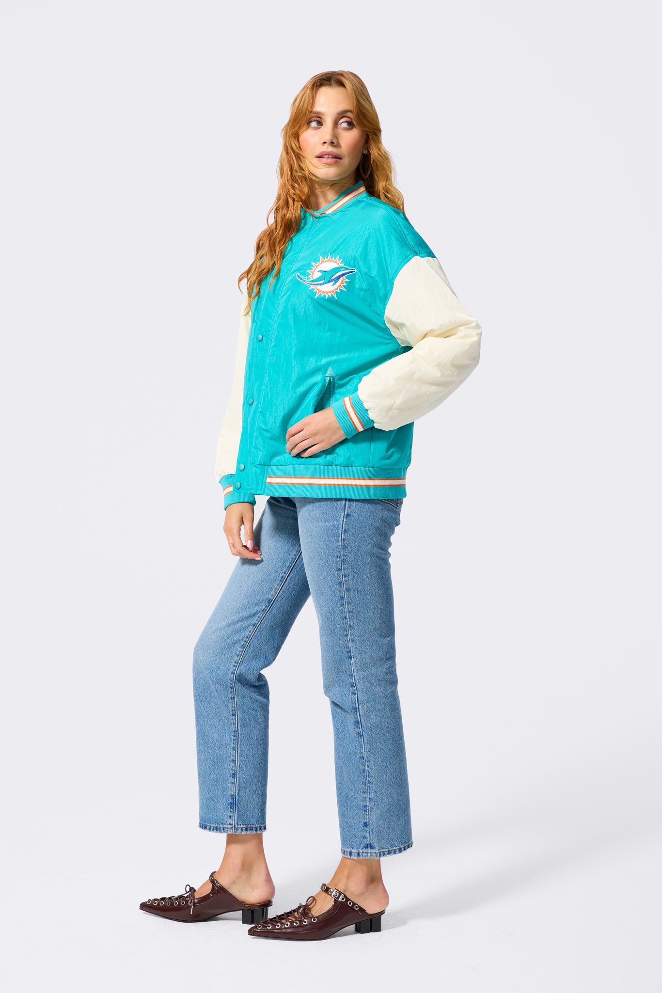 Dolphins Bomber Jacket in Aqua and Sugar Swizzle – Terez.com