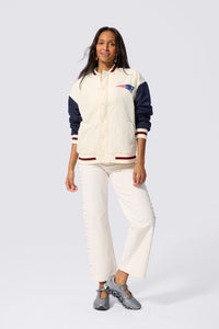 New England Patriots Bomber Jacket in Sugar Swizzle and Navy