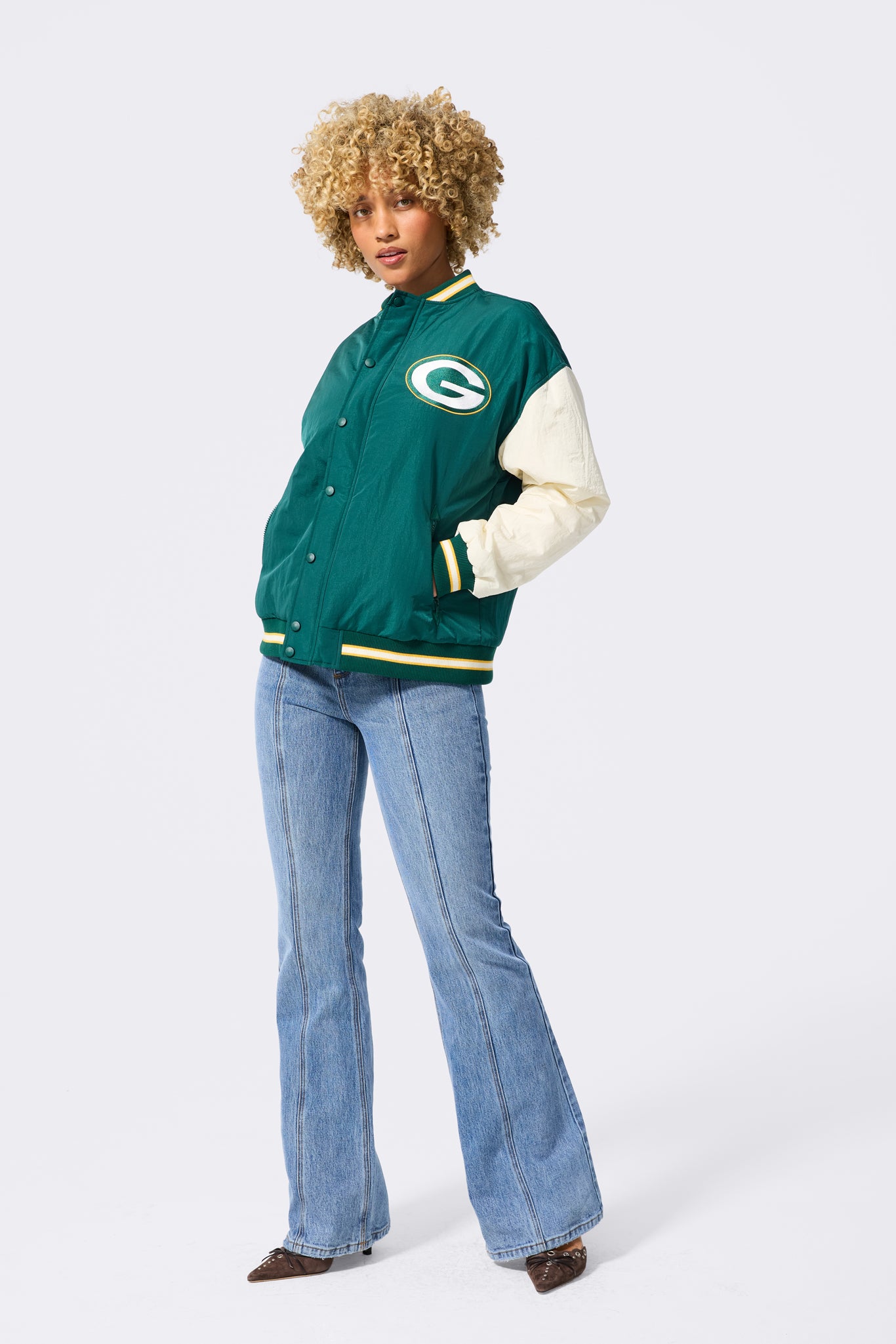 Green Bay Packers Bomber Jacket in Green and Sugar Swizzle – Terez.com Green Bay Packers Bomber Jacket in Green and Sugar Swizzle – Terez.com