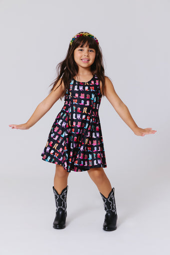 Girls Skater Dress in Cowgirl Boots on Black