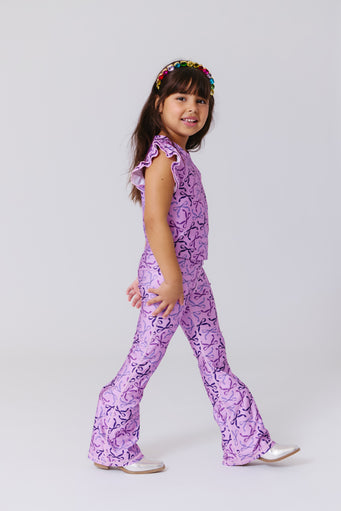 Girls Hi-Shine Flare Legging in Purple Bows