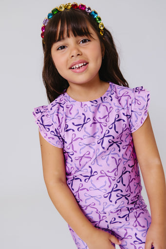 Girls Hi-Shine Ruffle Crop Top in Purple Bows