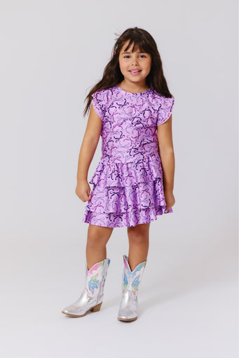 Girls Hi-shine Tiered Skirt in Purple Bows