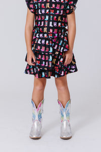 Girls Hi-shine Tiered Skirt in Cowgirl Boots on Black
