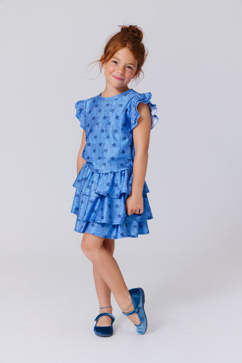 Girls Hi-Shine Tiered Skirt in Star Denim