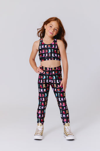 Girls Hi-Shine Sports Bra in Cowgirl Boots on Black
