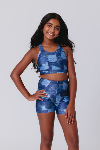 Girls Hi-Shine Sports Bra in Denim Pockets