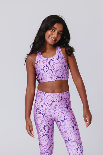 Girls Hi-Shine Sports Bra in Purple Bows