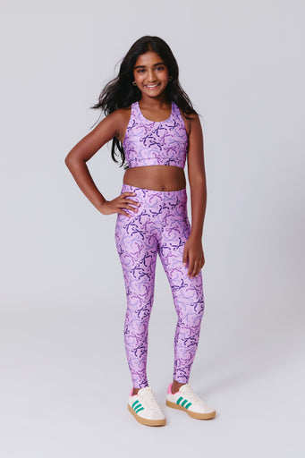 Girls Hi-Shine Sports Bra in Purple Bows