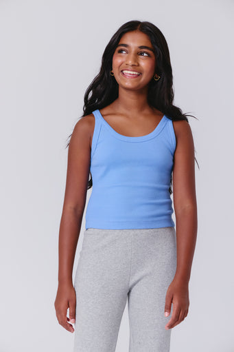 Girls Rib Skinny Strap Tank in Sky Blue