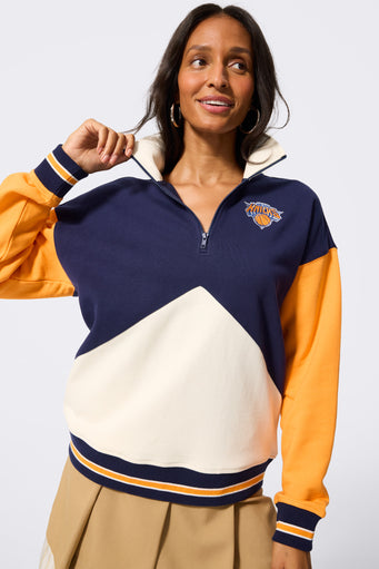 NY Knicks Colorblock Quarter Zip Sweatshirt in Blue, Orange and Cream