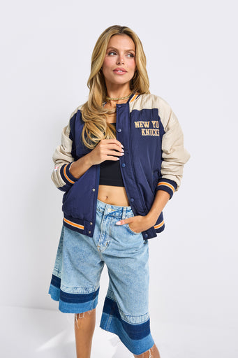 Unisex NY Knicks Bomber Jacket in Navy and Taupe