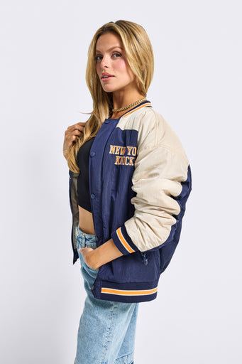 Unisex NY Knicks Bomber Jacket in Navy and Taupe