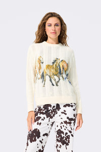Printed Cable Knit Sweater with Running Horses