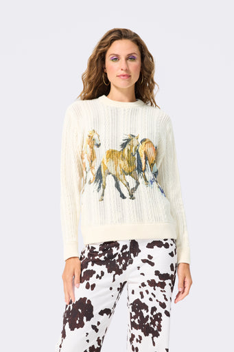 Printed Cable Knit Sweater with Running Horses