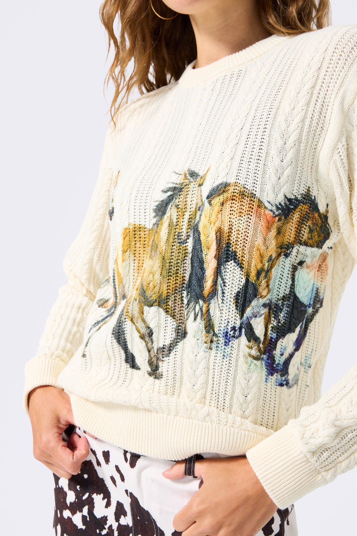 Printed Cable Knit Sweater with Running Horses – Terez.com