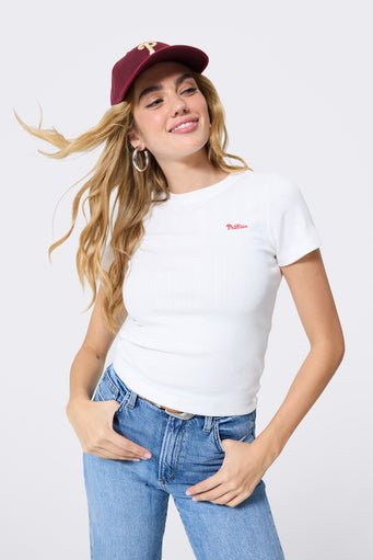 Philadelphia Phillies Embroidered Baby Tee in Bright White